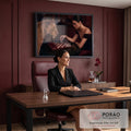 Quadro Decorativo Grande Mulher Jogando Vermelho para Sala | quadros decorativos | mulher elegante jogando xadrez com uma leoa em cenário vermelho luxuoso | em ambiente 2 | Porao dos Quadros