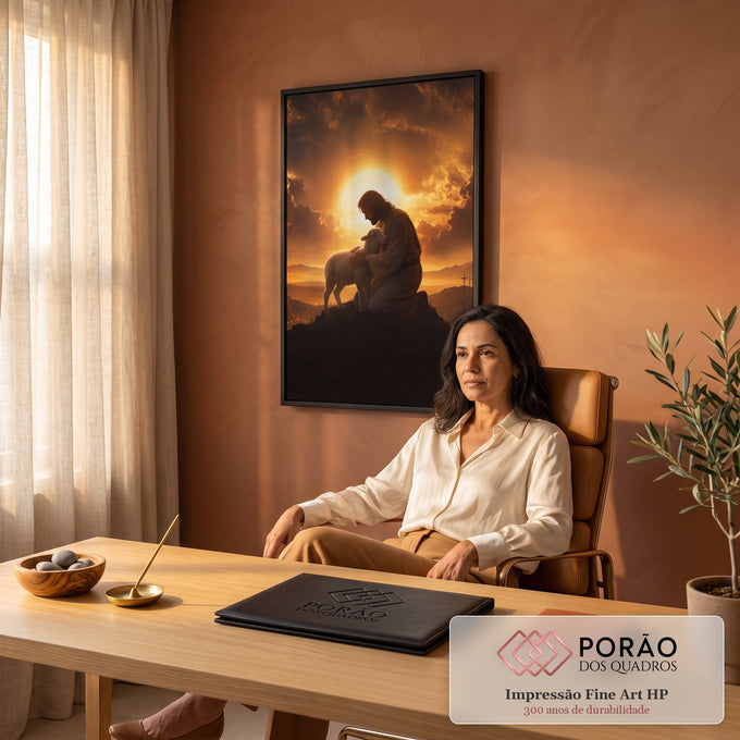 Quadro Decorativo Grande Jesus Pastor Laranja para Sala | quadros decorativos | Jesus ajoelhado abraçando um cordeiro branco sob pôr do sol dourado com três cruzes ao fundo | em ambiente 2 | Porao dos Quadros