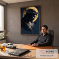 Quadro Decorativo Grande Jesus Espinhos para Sala Azul | quadros decorativos | perfil de Jesus com coroa de espinhos e halo dourado sobre fundo azul escuro | em ambiente 2 | Porao dos Quadros