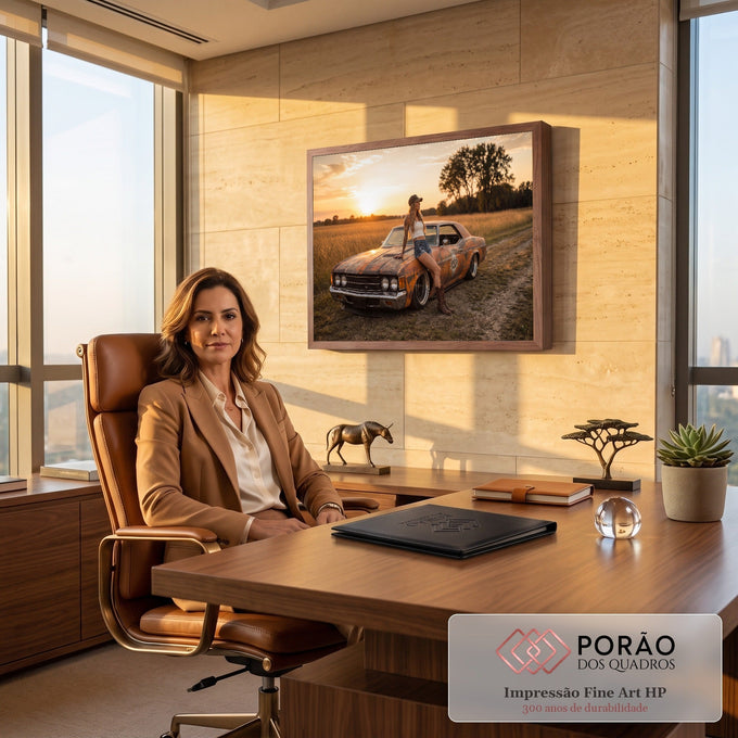 Quadro Decorativo Grande Mulher e Carro para Sala Laranja | quadros decorativos | mulher encostada em carro antigo enferrujado durante pôr do sol no campo | em ambiente 2 | Porao dos Quadros