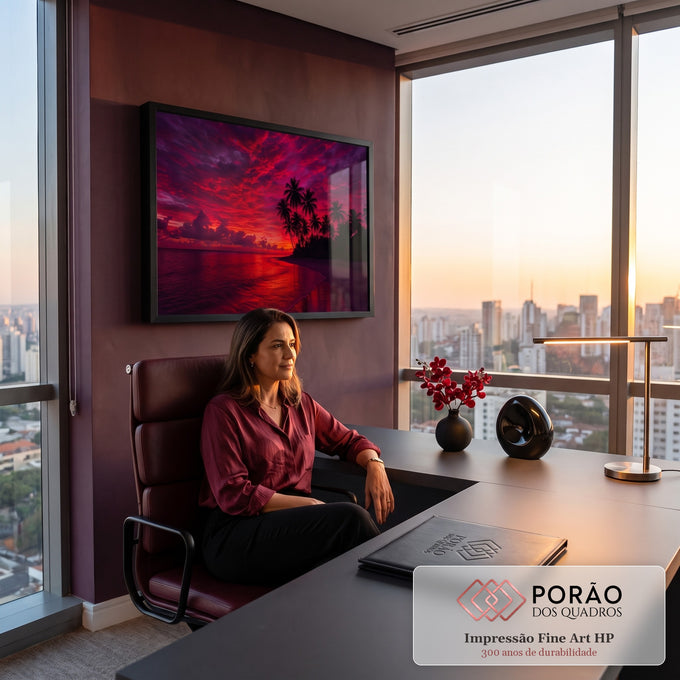 Quadro Decorativo Grande Pôr do Sol Praia para Sala Vermelho | quadros decorativos | pôr do sol vermelho intenso com palmeiras em silhueta e mar refletindo o céu | em ambiente 2 | Porao dos Quadros