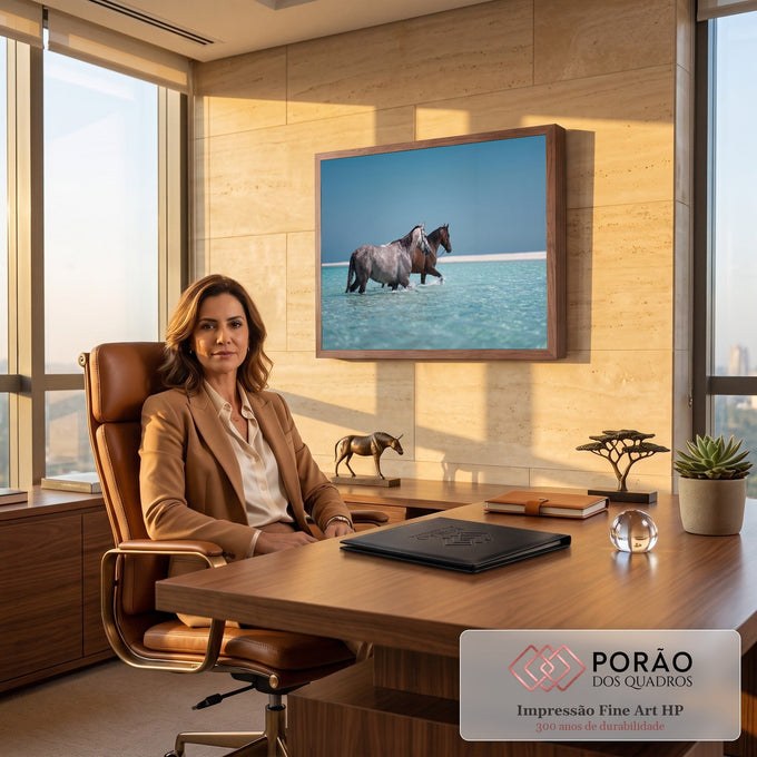Quadro Decorativo Grande Cavalos Caminhando para Sala Azul | quadros decorativos | dois cavalos caminhando em água turquesa rasa com areia branca ao fundo | em ambiente 2 | Porao dos Quadros