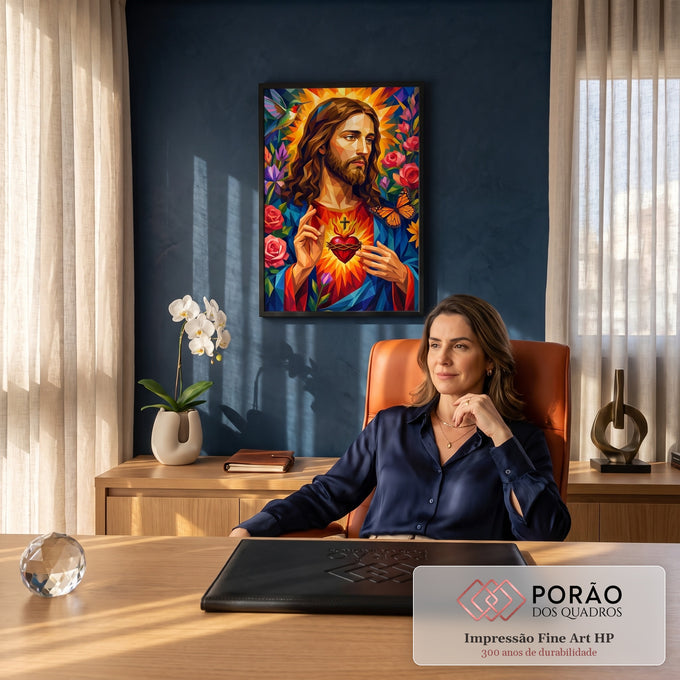 Quadro Decorativo Grande Sagrado Coração Cruz para Sala Azul | quadros decorativos | retrato de Jesus Cristo em mosaico geométrico com coração sagrado em chamas e flores | em ambiente 2 | Porao dos Quadros