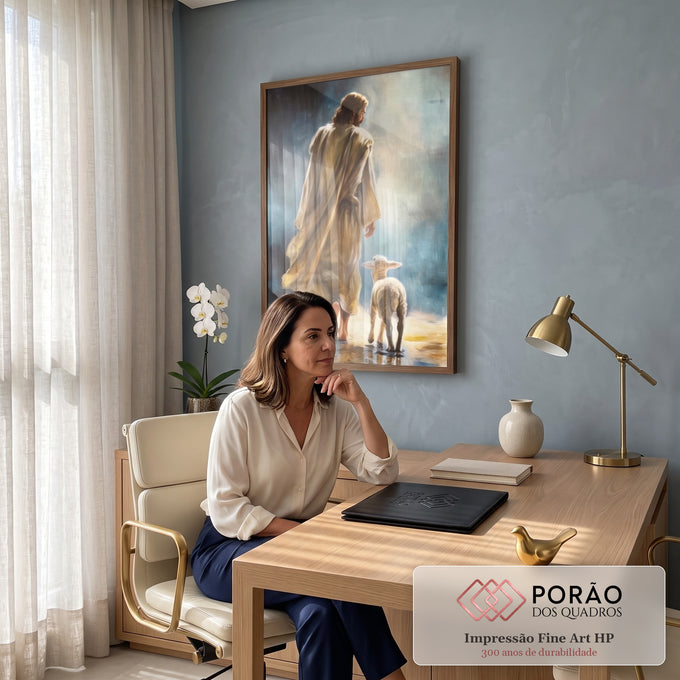 Quadro Decorativo Grande Jesus Caminhando Dourado para Sala | quadros decorativos | homem de manto dourado visto de costas caminhando com um cordeiro sob luz suave | em ambiente 2 | Porao dos Quadros