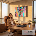Quadro Decorativo Grande Mulher com Óculos para Sala Rosa | quadros decorativos | mulher com óculos espelhados, flores e borboleta turquesa em estilo pop art colorido | em ambiente 2 | Porao dos Quadros