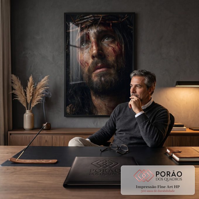 Quadro Decorativo Grande Jesus Cristo Sofrimento para Sala | quadros decorativos | retrato de homem com coroa de espinhos e sangue no rosto, olhando para cima | em ambiente 2 | Porao dos Quadros