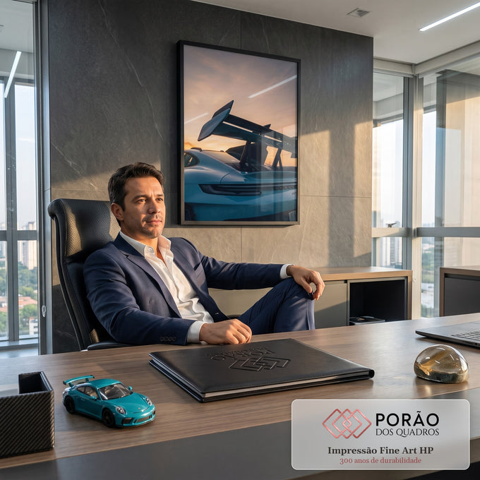 Traseira de Porsche GT3 azul com grande aerofólio em silhueta contra céu de pôr do sol, quadro decorativo