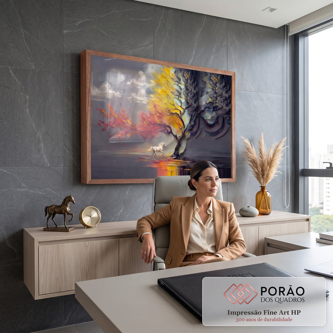 Quadro Decorativo Grande Árvore das Estações para Sala Cinza | quadros decorativos | árvore com galhos em vermelho dourado e cinza tempestuoso sobre água com cavalo branco | em ambiente 2 | Porao dos Quadros