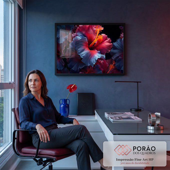 Quadro Decorativo Grande Hibisco e Azul para Sala Vermelho | quadros decorativos | flores de hibisco em close com pétalas vermelhas e azuis e estames laranja | em ambiente 2 | Porao dos Quadros