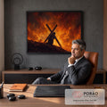 Quadro Decorativo Grande Jesus Carregando Laranja para Sala | quadros decorativos | homem carregando grande cruz de madeira cercado por chamas intensas | em ambiente 2 | Porao dos Quadros