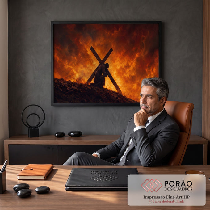 Quadro Decorativo Grande Jesus Carregando Laranja para Sala | quadros decorativos | homem carregando grande cruz de madeira cercado por chamas intensas | em ambiente 2 | Porao dos Quadros