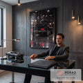 Quadro Decorativo Grande Carro Clássico para Sala Preto | quadros decorativos | carro clássico preto visto de trás com luzes traseiras vermelhas acesas em garagem industrial | em ambiente 2 | Porao dos Quadros