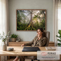 Árvore gigante com raízes com musgo em floresta tropical com raios de sol na neblina, quadro decorativo