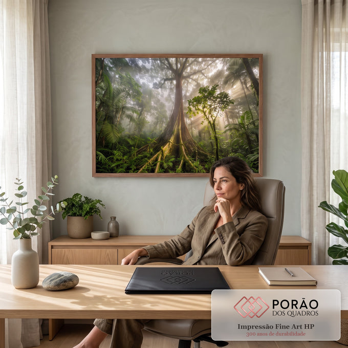 Árvore gigante com raízes com musgo em floresta tropical com raios de sol na neblina, quadro decorativo
