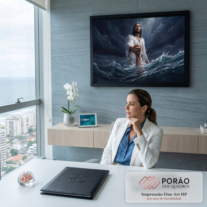 Jesus Cristo segurando a mão de quem afunda no mar em tempestade sob luz divina, quadro decorativo