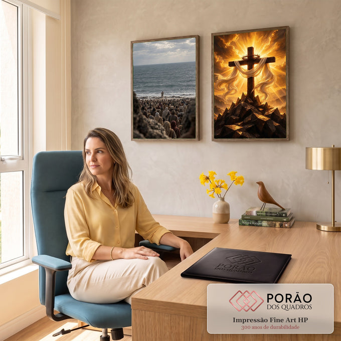 Quadro Decorativo Kit 2 Telas Cruz para Sala Dourado | quadros decorativos | cruz de madeira com coroa de espinhos sobre montanha e multidão bíblica na praia | em ambiente 2 | Porao dos Quadros