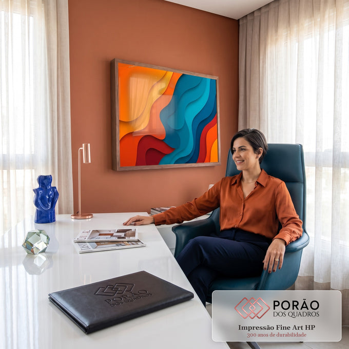 Quadro Decorativo Grande Ondas Abstratas para Sala Laranja | quadros decorativos para sala | camadas onduladas abstratas em laranja, azul e vermelho estilo recorte de papel | em Quadros para Sala | Porao dos Quadros