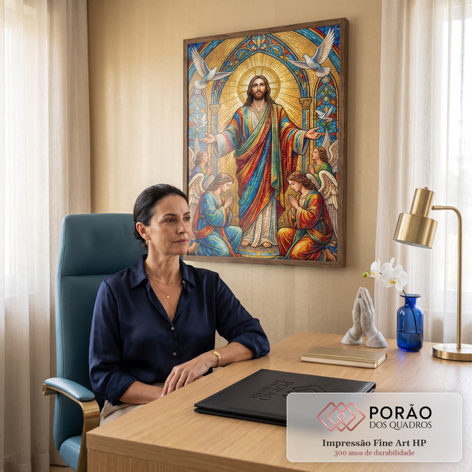 Quadro Decorativo Grande Jesus Mosaico para Sala Dourado | quadros decorativos | Jesus Cristo em mosaico dourado com anjos orando e pombos brancos ao redor | em ambiente 2 | Porao dos Quadros