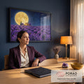 Quadro Decorativo Grande Lua Cheia Dourada para Sala Roxo | quadros decorativos | lua cheia dourada enorme sobre casa e campo de lavanda roxa à noite | em ambiente 2 | Porao dos Quadros
