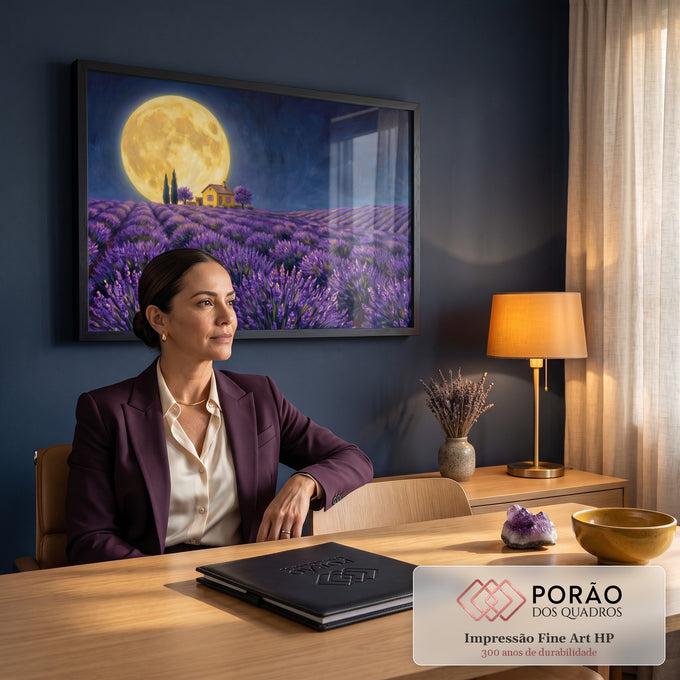 Quadro Decorativo Grande Lua Cheia Dourada para Sala Roxo | quadros decorativos | lua cheia dourada enorme sobre casa e campo de lavanda roxa à noite | em ambiente 2 | Porao dos Quadros