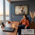 Quadro Decorativo Grande Mulher com Maquiagem para Sala Bege | quadros decorativos | mulher com maquiagem artística rachada segurando ave branca de bico laranja | em ambiente 2 | Porao dos Quadros