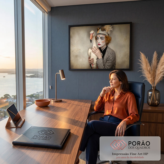 Quadro Decorativo Grande Mulher com Maquiagem para Sala Bege | quadros decorativos | mulher com maquiagem artística rachada segurando ave branca de bico laranja | em ambiente 2 | Porao dos Quadros