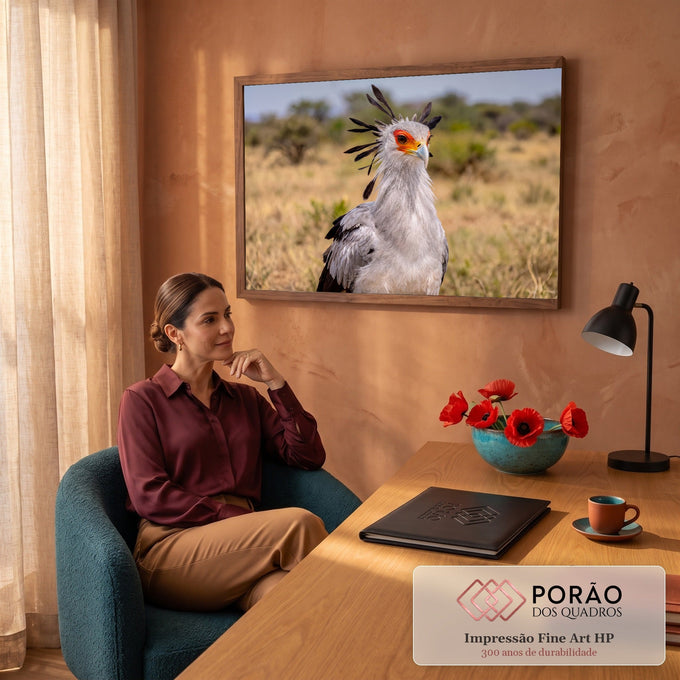Pássaro secretário com crista preta e máscara laranja em close na savana africana dourada, quadro decorativo