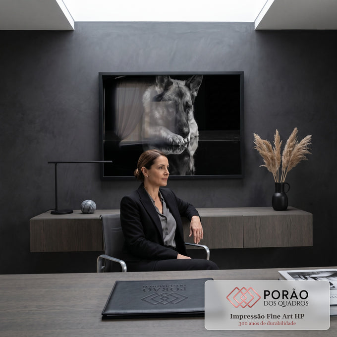 Quadro Decorativo Grande Cachorro Pastor para Sala Preto | quadros decorativos | pastor-alemão deitado em preto e branco com reflexo no chão escuro | em ambiente 2 | Porao dos Quadros