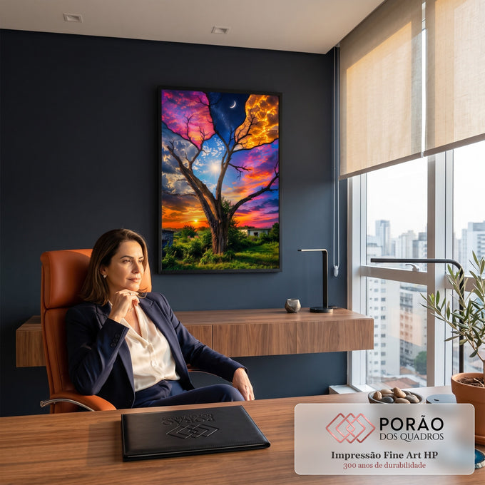 Quadro Decorativo Grande Árvore Seca com Céu para Sala Azul | quadros decorativos | árvore seca sob céu dividido em quatro atmosferas diferentes, sol, lua e estrelas | em ambiente 2 | Porao dos Quadros
