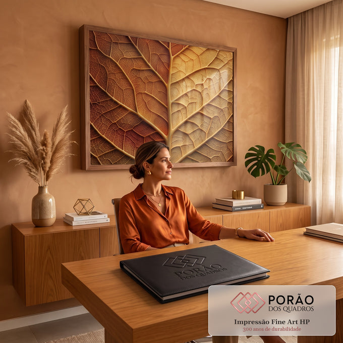 Quadro Decorativo Grande Nervuras de Folha para Sala | quadros decorativos | close extremo de folha com nervuras em vermelho, marrom e dourado | em ambiente 2 | Porao dos Quadros