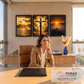Quadro Decorativo Kit 3 Telas Cristo na Cruz para Sala | quadros decorativos | tríptico com Cristo crucificado ao centro, veleiro e pessoa no cume ao pôr do sol | em ambiente 2 | Porao dos Quadros