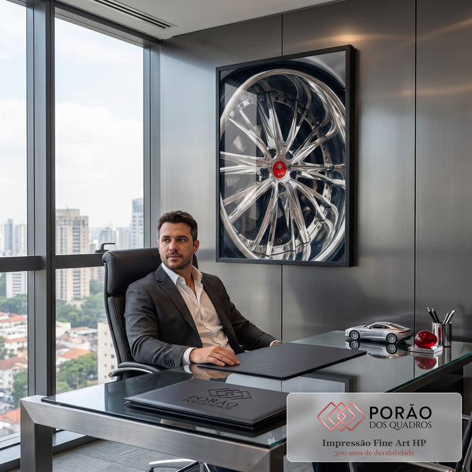 Close de roda esportiva cromada com raios brilhantes e calota vermelha, quadro decorativo