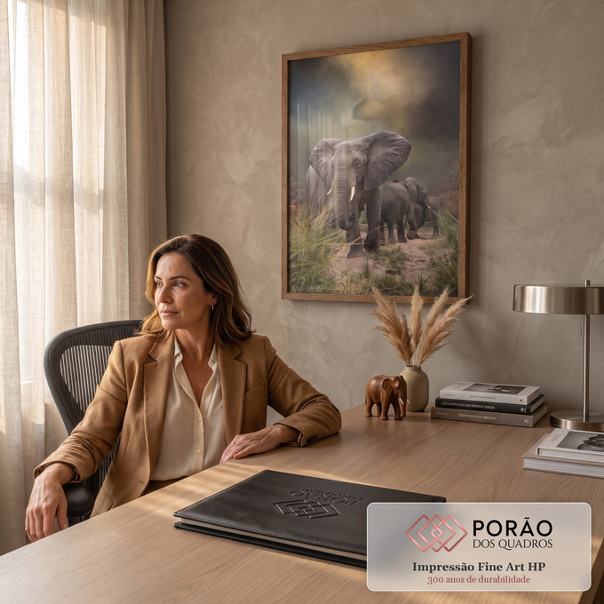 Manada de elefantes caminhando por trilha de terra na savana sob névoa e luz dourada, quadro decorativo