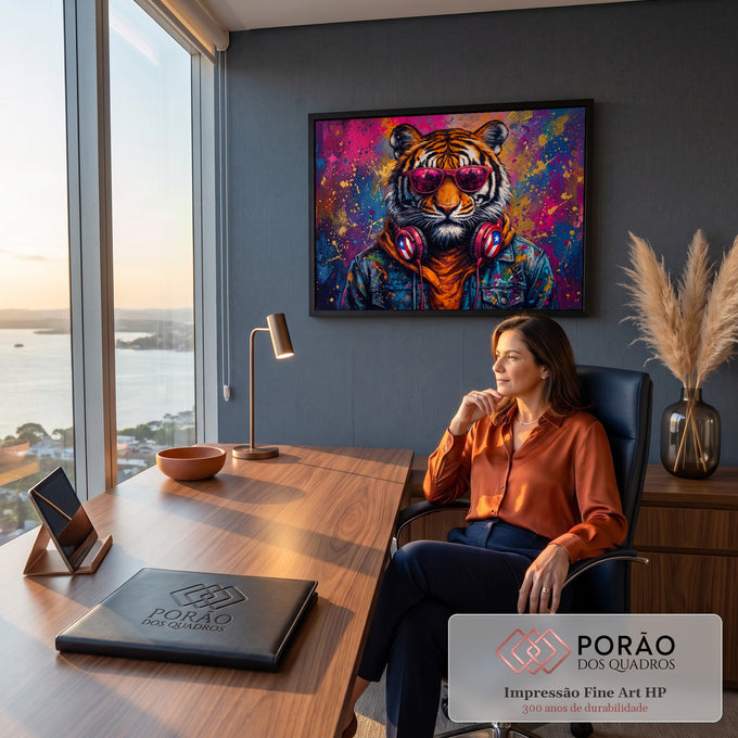 Quadro Decorativo Grande Tigre Hipster para Sala Rosa | quadros decorativos | tigre com óculos rosa, fone de ouvido vermelho e jaqueta jeans sobre fundo colorido | em ambiente 2 | Porao dos Quadros