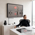 Quadro Decorativo Grande Garças Brancas para Sala Cinza | quadros decorativos | três garças brancas em galho seco sobre lago enevoado com sol rosa ao fundo | em ambiente 2 | Porao dos Quadros