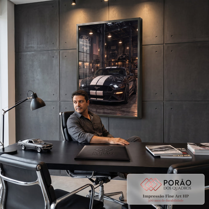 Quadro Decorativo Grande Carro Esportivo para Sala Preto | quadros decorativos | carro esportivo preto com listras brancas em garagem industrial iluminada | em ambiente 2 | Porao dos Quadros