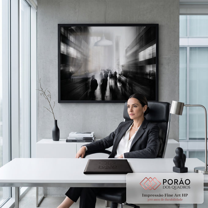 Quadro Decorativo Grande Rua Urbana para Sala Preto | quadros decorativos | rua urbana em preto e branco com silhuetas borradas em longa exposição | em ambiente 2 | Porao dos Quadros