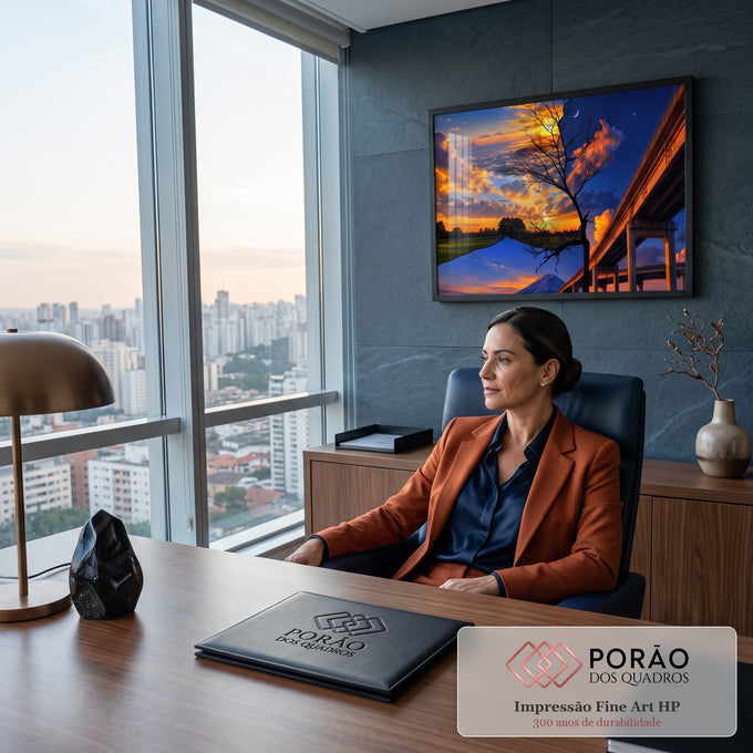 Céu de pôr do sol e noite estrelada com árvore seca, Monte Fuji e viaduto, quadro decorativo