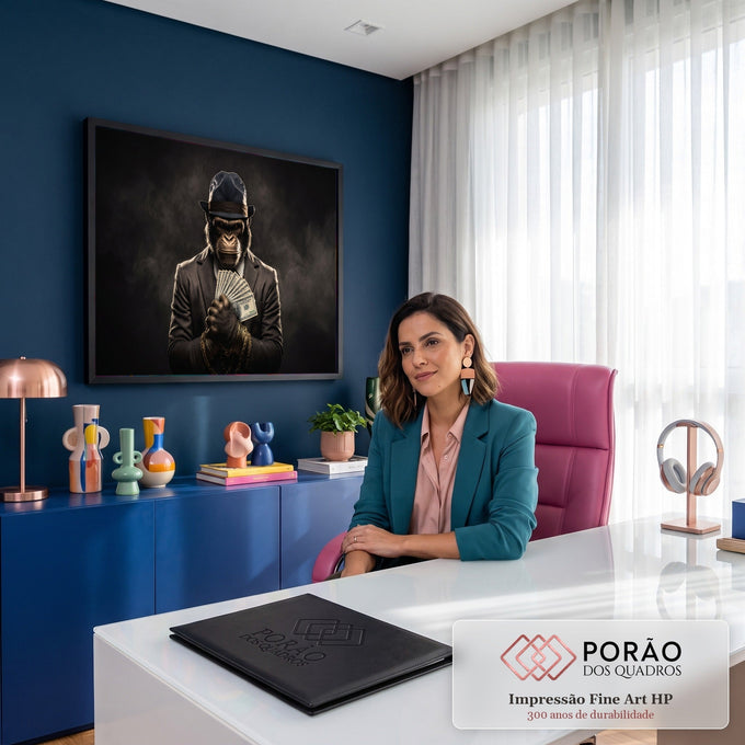 Gorila de terno e chapéu segurando notas de dólar com correntes douradas em fundo escuro, quadro decorativo