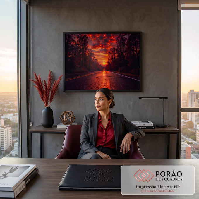 Estrada molhada entre árvores rumo ao sol no horizonte sob céu vermelho em chamas, quadro decorativo