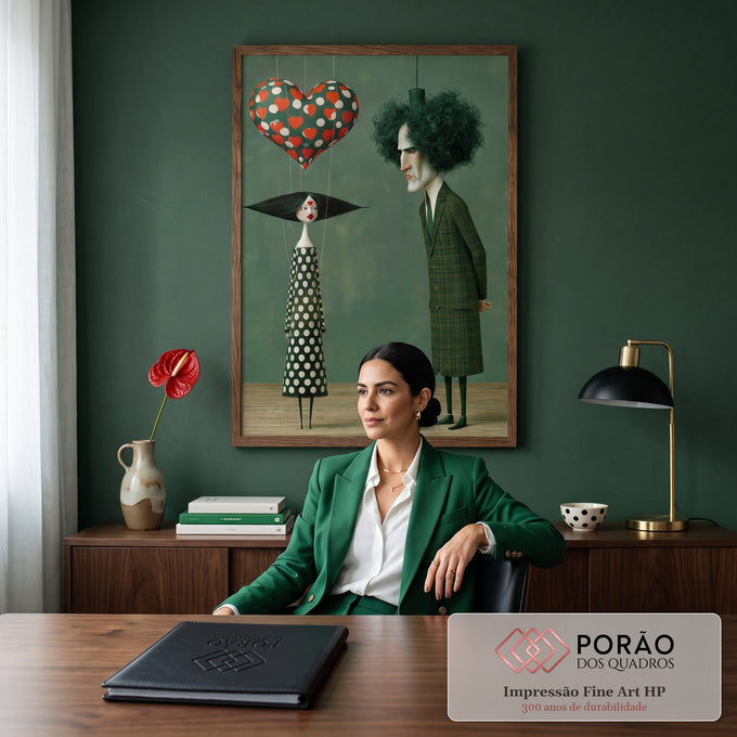 Casal de marionetes, mulher de bolinhas sob balão de coração e homem de terno xadrez, quadro decorativo