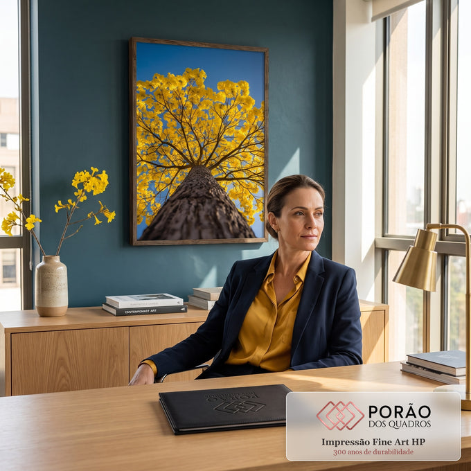 Ipê amarelo florido visto de baixo, tronco em primeiro plano e céu azul ao fundo, quadro decorativo