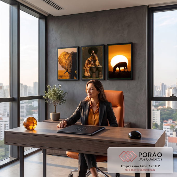 Quadro Decorativo Kit 3 Telas Africano Elefante para Sala | quadros decorativos | elefante, mulher com afro sobre tambores e zebra ao pôr do sol em tons alaranjados | em ambiente 2 | Porao dos Quadros