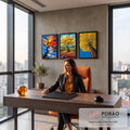 Quadro Decorativo Kit 3 Telas Árvore para Sala Amarelo | quadros decorativos | árvore em três cenas: silhueta ao pôr do sol, pintura amarela impressionista e foto outonal | em ambiente 2 | Porao dos Quadros