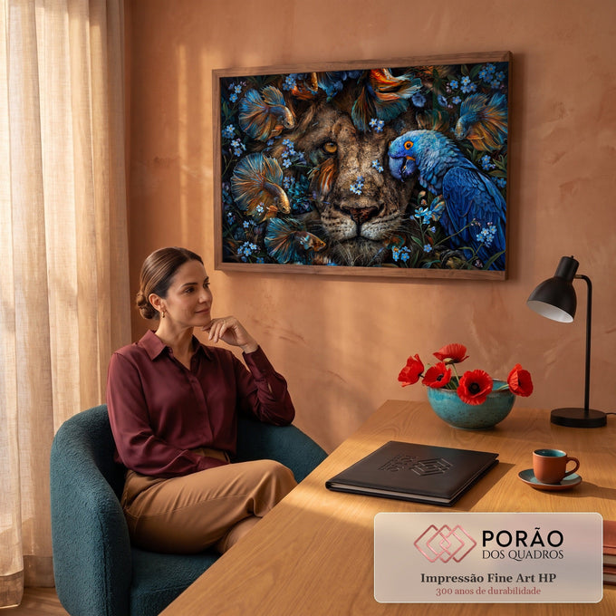 Rosto de leão entre flores azuis, peixes betta e arara-azul em arte digital, quadro decorativo