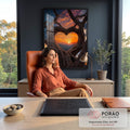 Quadro Decorativo Grande Árvore para Sala Laranja | quadros decorativos | galhos de árvore formando coração emoldurando pôr do sol sobre montanhas | em ambiente 2 | Porao dos Quadros