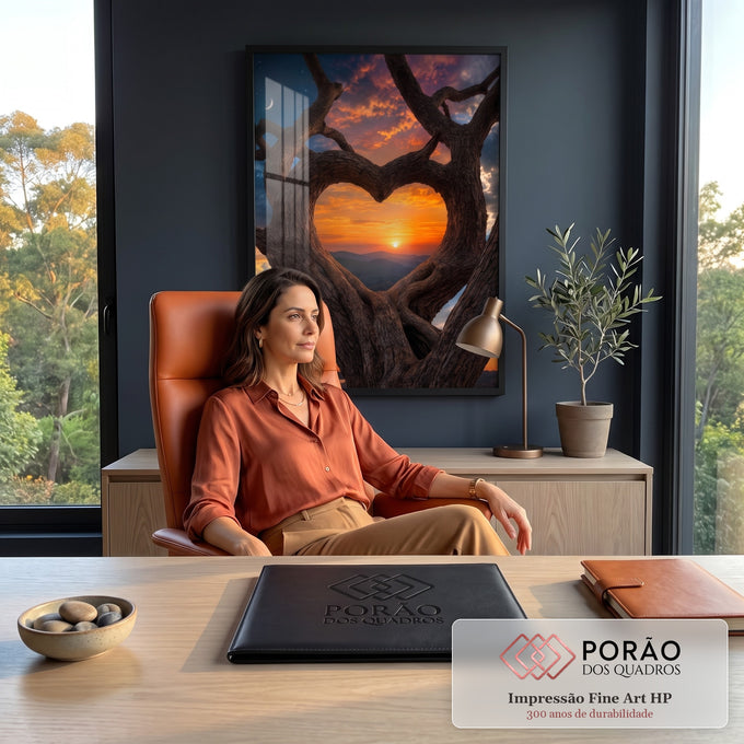 Quadro Decorativo Grande Árvore para Sala Laranja | quadros decorativos | galhos de árvore formando coração emoldurando pôr do sol sobre montanhas | em ambiente 2 | Porao dos Quadros