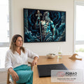 Quadro Decorativo Grande Deus do Mar para Sala Azul | quadros decorativos | deus do mar com pele azulada, barba longa e tridente dourado em ondas escuras | em ambiente 2 | Porao dos Quadros