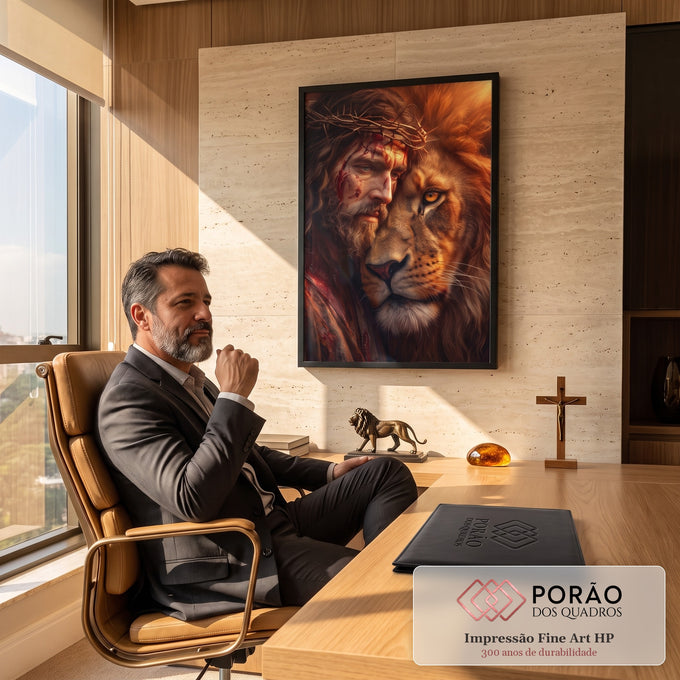 Quadro Decorativo Grande Jesus Dourado para Sala | quadros decorativos | rosto de homem ferido com coroa de espinhos encostado em leão dourado | em ambiente 2 | Porao dos Quadros