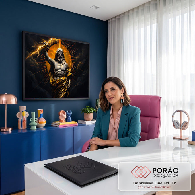 Zeus em estilo estátua erguendo raio dourado diante de halo solar e nuvens escuras, quadro decorativo